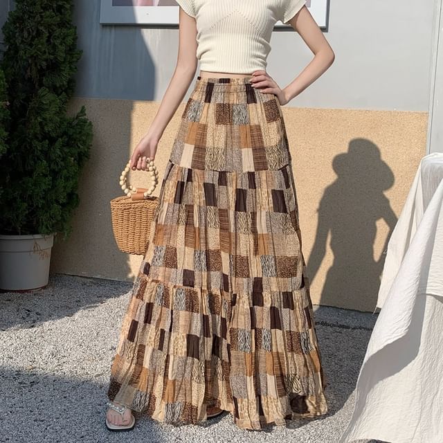 Shinsei-High Waist Patchwork Maxi A-Line Skirt