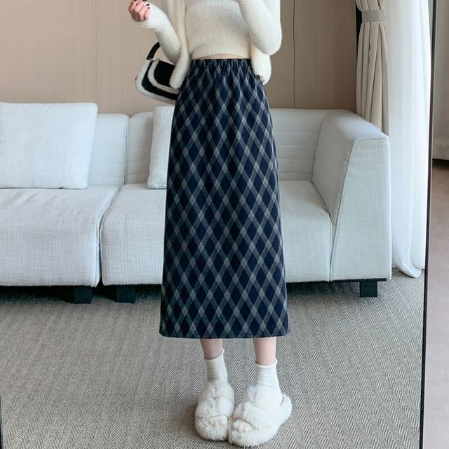 Shinsei-High Waist Plaid Midi A-Line Skirt
