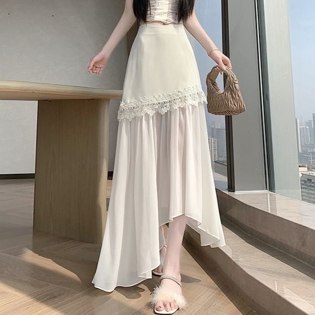 Shinsei-High Waist Plain Asymmetrical Lace Panel Mesh Maxi A-Line Dress