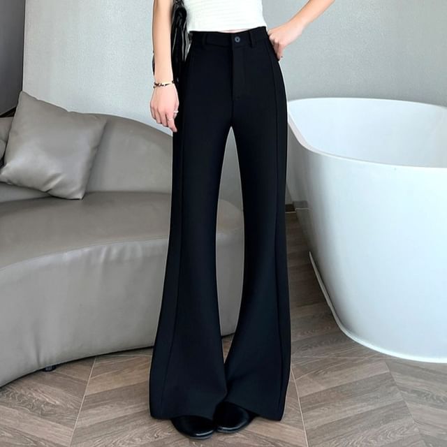 Shinsei-High Waist Plain Flared Dress Pants