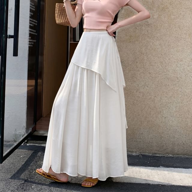 Shinsei-High Waist Plain Layered Maxi A-Line Skirt