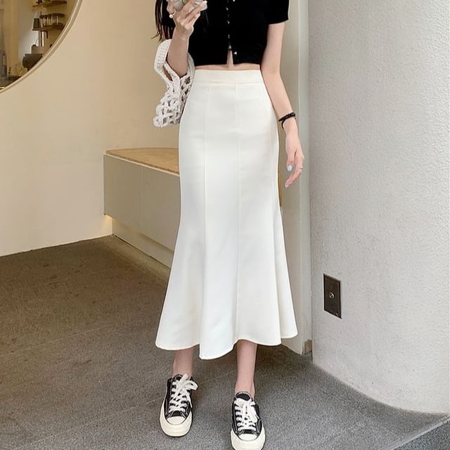 Shinsei-High Waist Plain Midi A-Line Skirt