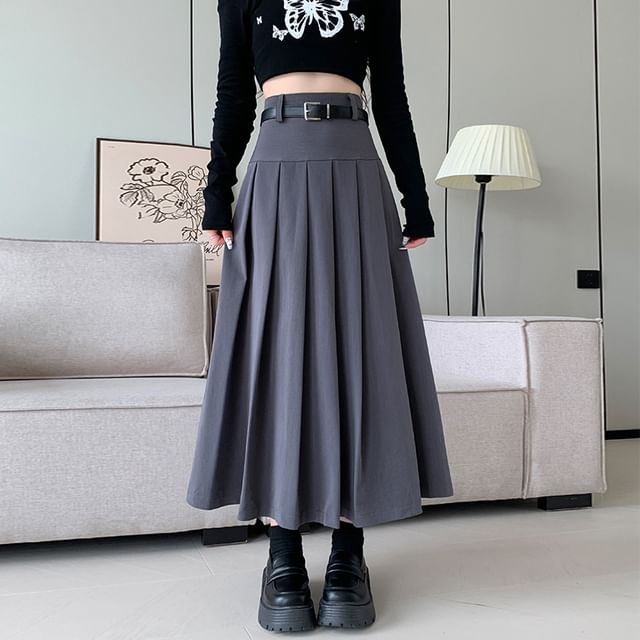 Shinsei-High Waist Plain Midi A-Line Skirt