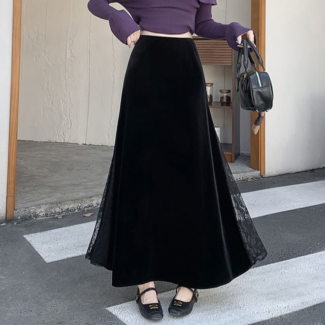 Shinsei-High Waist Velvet Lace Panel Maxi A-Line Skirt