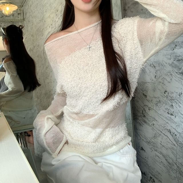 Shinsei-Long-Sleeve Boatneck Plain Knit Top