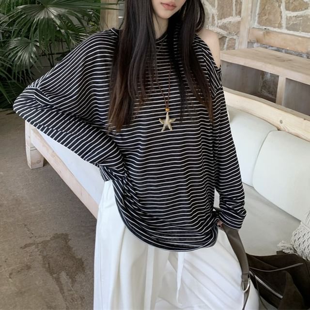 Shinsei-Long-Sleeve Cold-Shoulder Striped T-Shirt