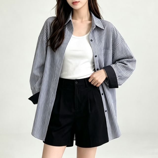 Shinsei-Long-Sleeve Collared Drop Shoulder Pinstriped Button Up Shirt