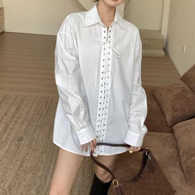 Shinsei-Long-Sleeve Collared Lace-Up Plain Blouse