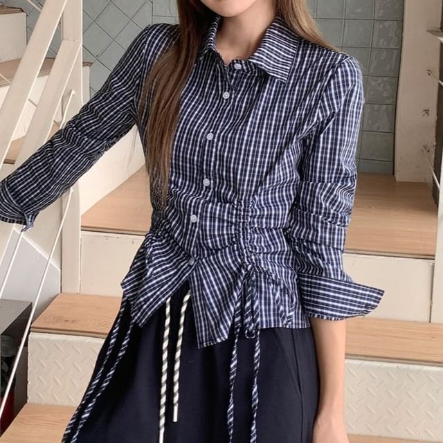 Shinsei-Long Sleeve Collared Plaid Drawstring Shirt