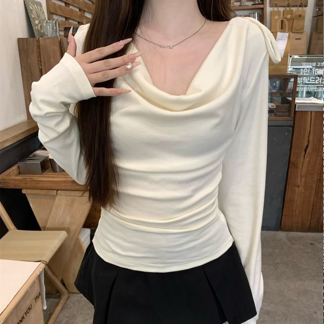 Shinsei-Long-Sleeve Cowl Neck Plain T-Shirt