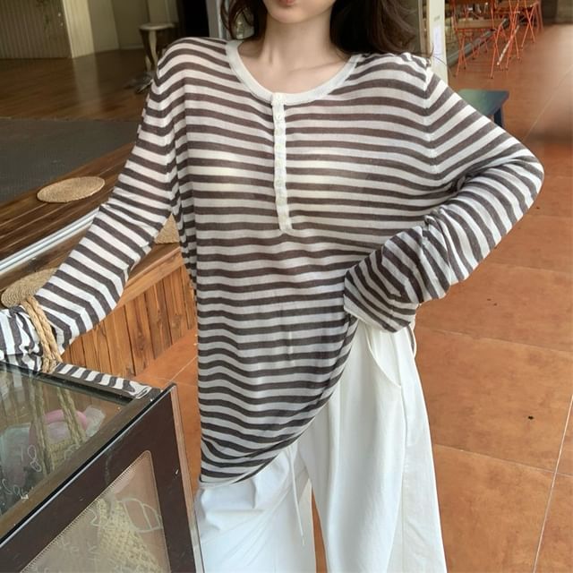 Shinsei-Long-Sleeve Crew Neck Striped Half-Buttoned Sheer Knit Top