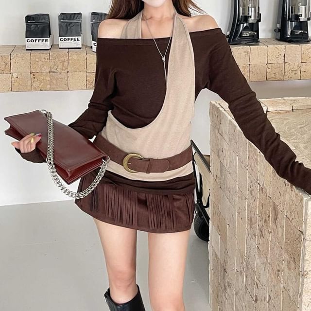 Shinsei-Long Sleeve Halter Two Tone Mock Two Piece Top