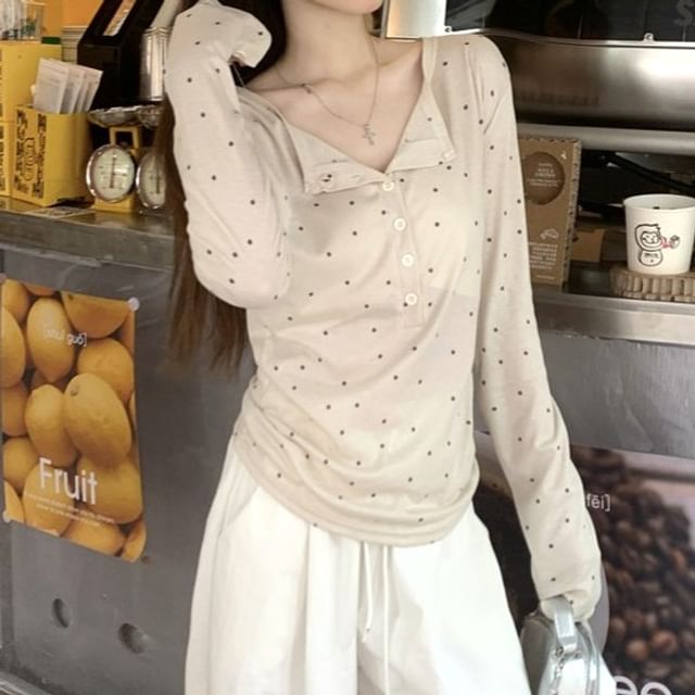 Shinsei-Long Sleeve Henley Dotted T-Shirt
