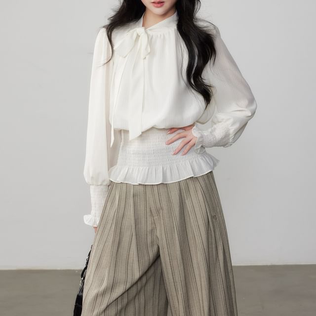 Shinsei-Long-Sleeve Mock Neck Ruffle Plain Blouse