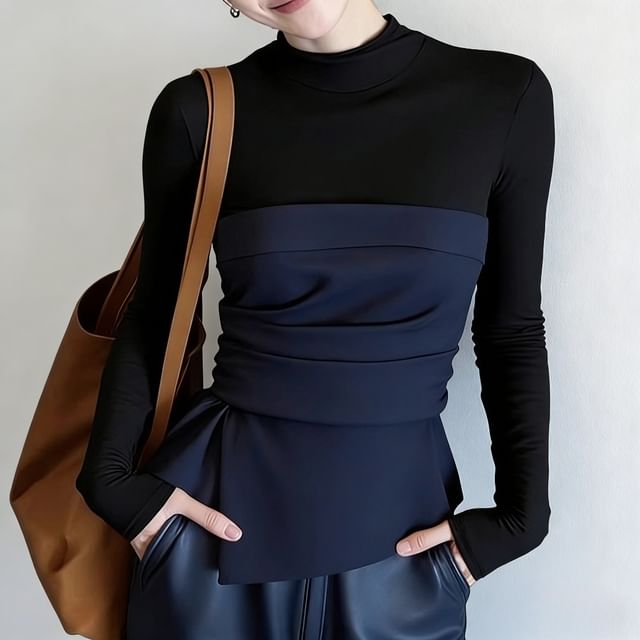 Shinsei-Long-Sleeve Mock Neck Two Tone Asymmetrical Top