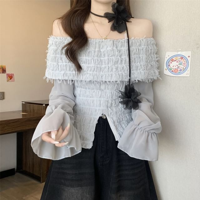 Shinsei-Long Sleeve Off Shoulder Plain Shirred Slit Blouse