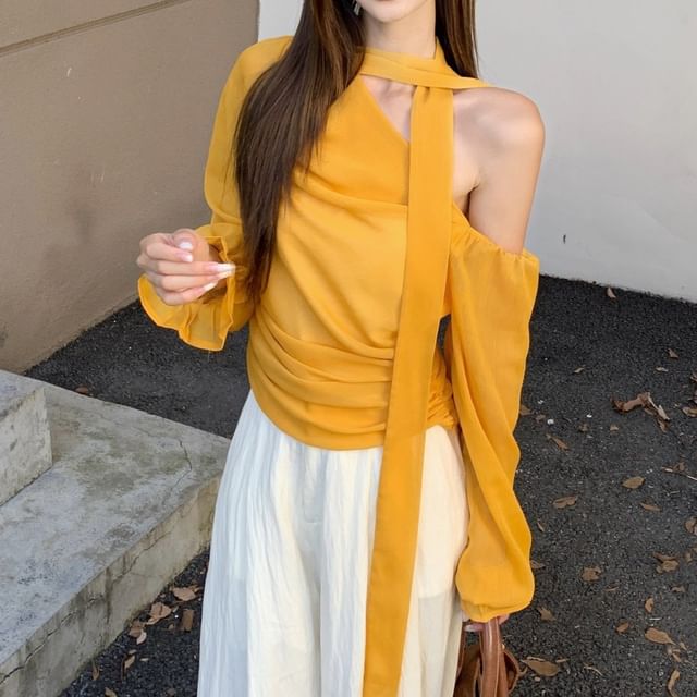 Shinsei-Long Sleeve One Shoulder Plain Ruched Tie-Up Top