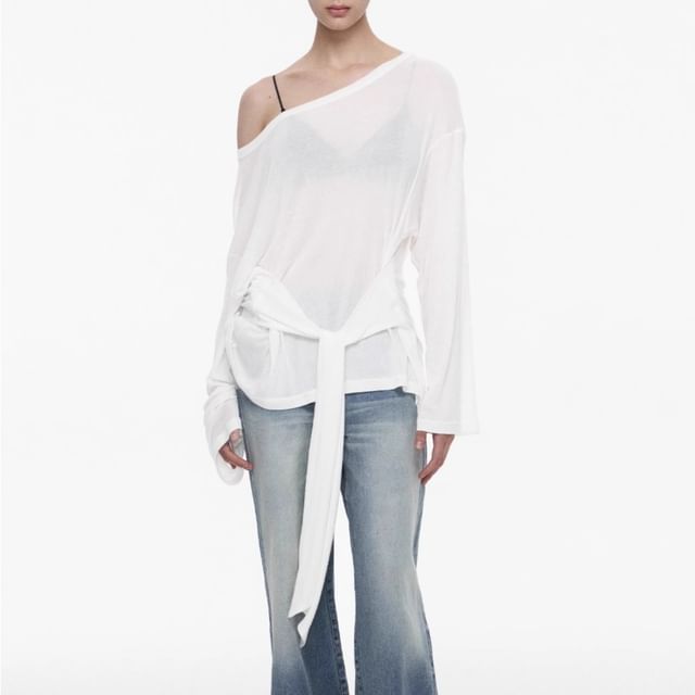 Shinsei-Long Sleeve One Shoulder Plain Tie-Up Top