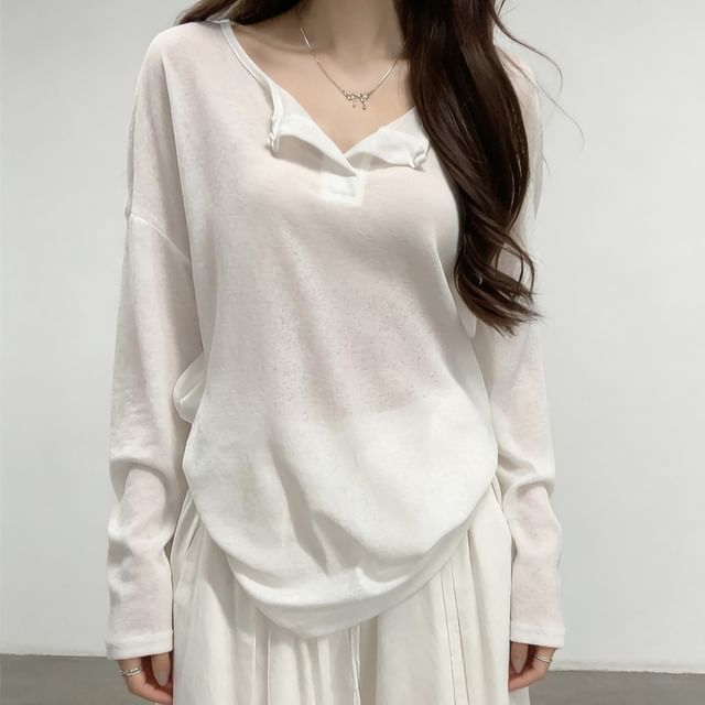 Shinsei-Long Sleeve Open Placket Plain T-Shirt