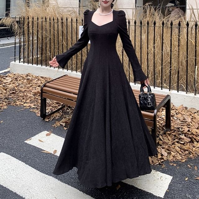 Shinsei-Long-Sleeve Plain Midi A-Line Dress