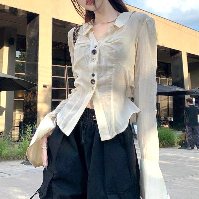 Shinsei-Long-Sleeve Plain Shirred Button-Up Shirt
