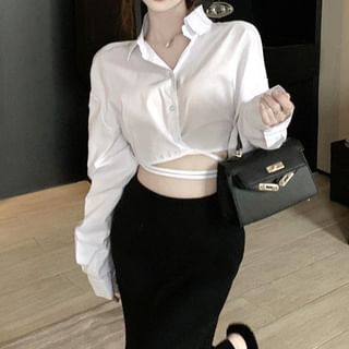 Shinsei-Long-Sleeve Plain Strappy Crop Shirt