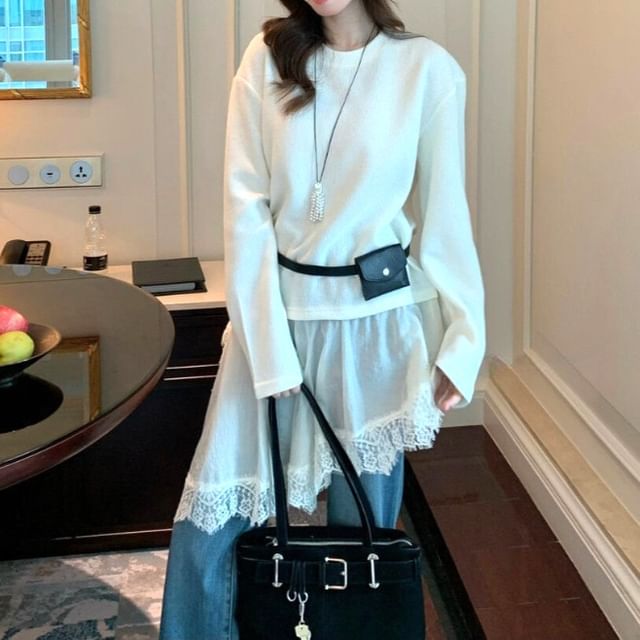 Shinsei-Long Sleeve Round Neck Plain Mock Two Piece Panel Lace Long Top