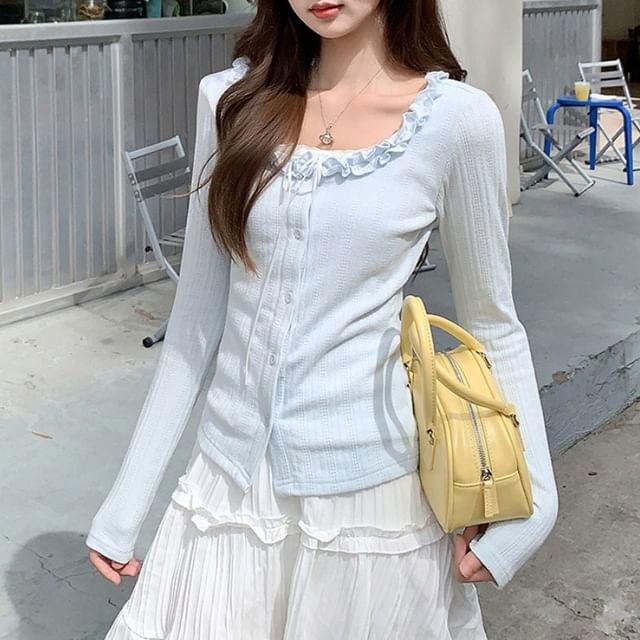 Shinsei-Long-Sleeve Scoop Neck Plain Ruffle Tee