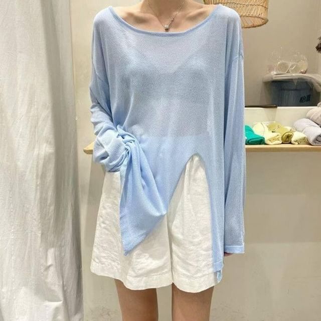 Shinsei-Long-Sleeve Scoop Neck Plain T-Shirt