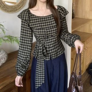 Shinsei-Long-Sleeve Scoop Neck Ruffle Plain Top