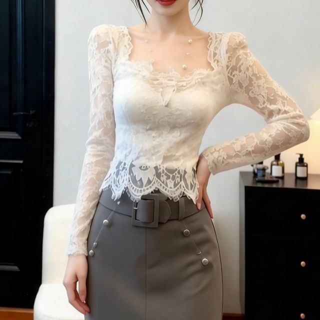 Shinsei-Long-Sleeve Square Neck Plain Lace Top