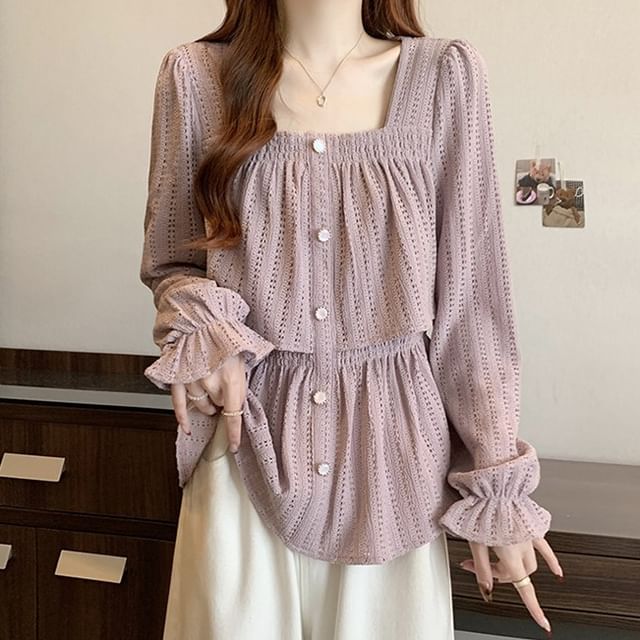 Shinsei-Long-Sleeve Square Neck Plain Pointelle Peplum Blouse