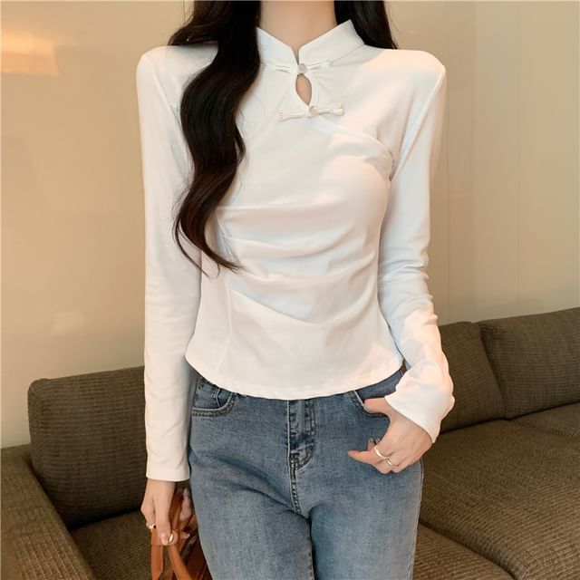 Shinsei-Long-Sleeve Stand Collar Frog Buttoned Keyhole T-Shirt