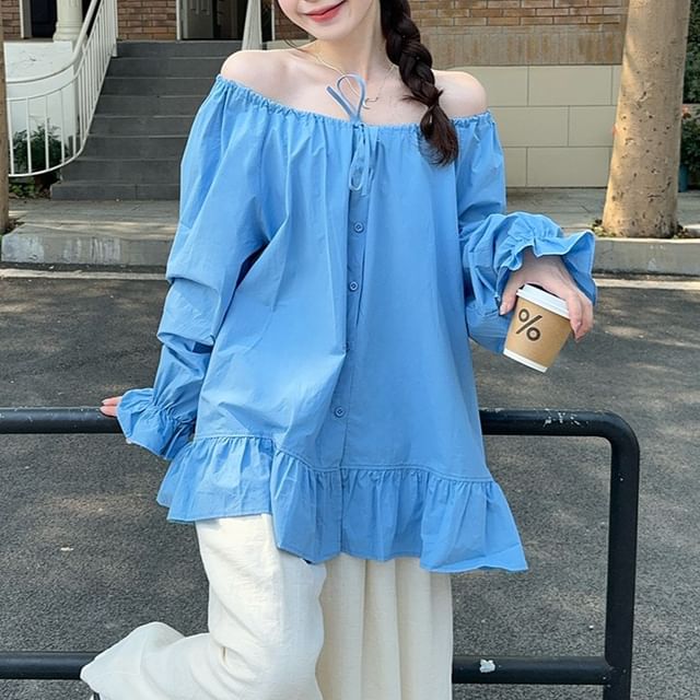 Shinsei-Long Sleeve Tie Neck Plain Ruffle Blouse