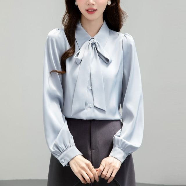 Shinsei-Long-Sleeve Tie-Neck Plain Shirt