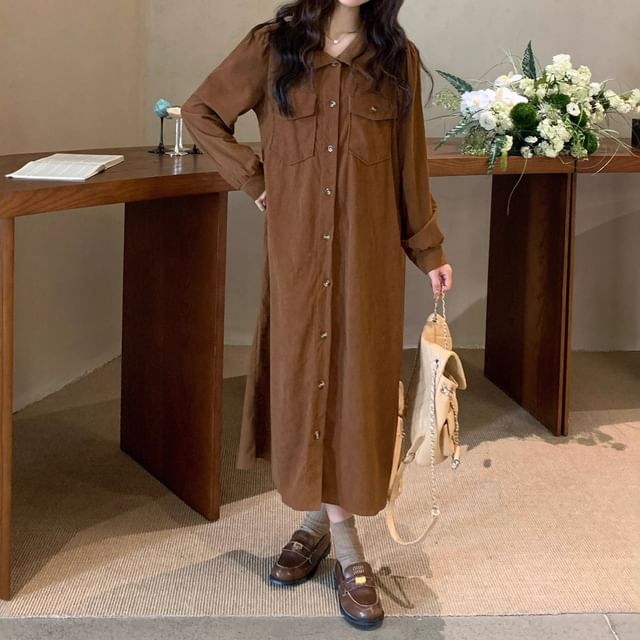 Shinsei-Long-Sleeve V-Neck Button-Up Plain Midi Dress