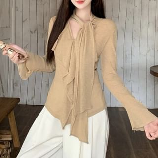 Shinsei-Long-Sleeve V-Neck Plain Asymmetrical Top