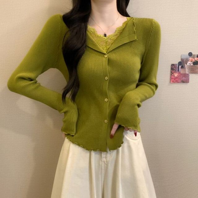 Shinsei-Long Sleeve V-Neck Plain Button Lace Panel Ribbed Knit Top
