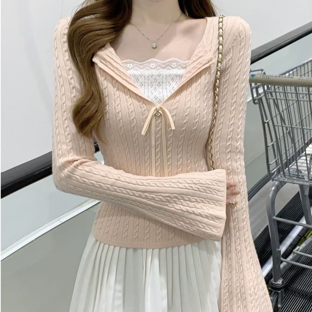 Shinsei-Long-Sleeve V-Neck Plain Cable Knit Top