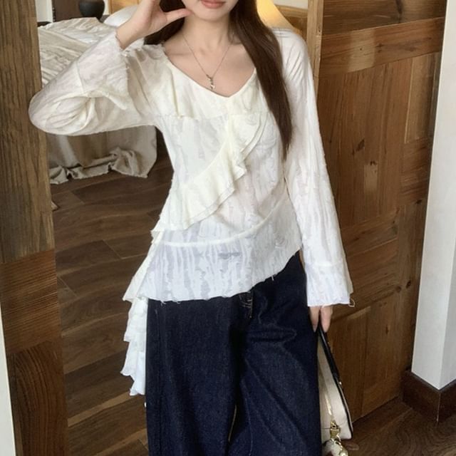 Shinsei-Long-Sleeve V-Neck Plain Distressed Asymmetrical Ruffle Trim T-Shirt