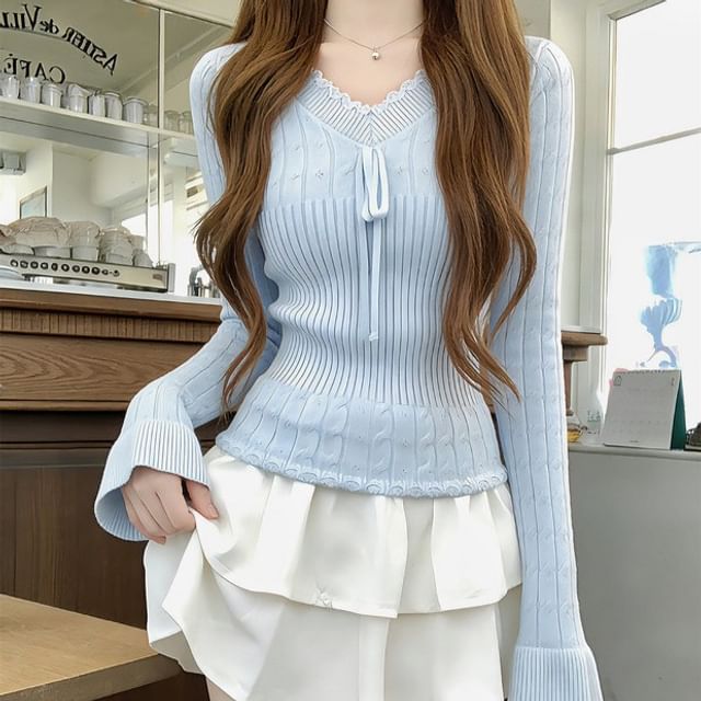 Shinsei-Long-Sleeve V-Neck Plain Knit Top