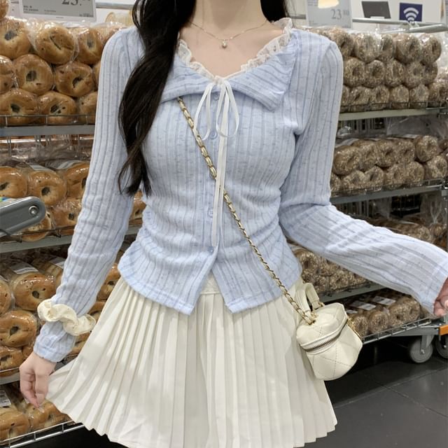Shinsei-Long-Sleeve V-Neck Ribbed Knit Button Up Knit Top