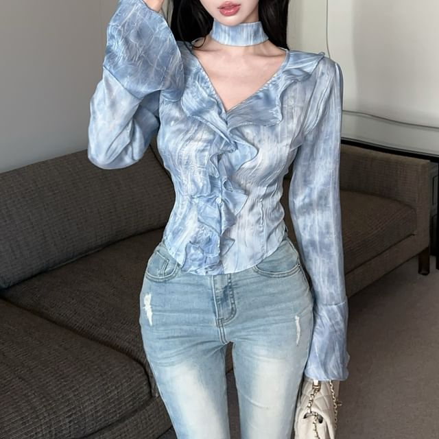 Shinsei-Long-Sleeve V-Neck Ruffle Tie Dye Top