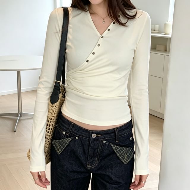 Shinsei-Long-Sleeve V-Neck Wrapped Button Accent Plain Top