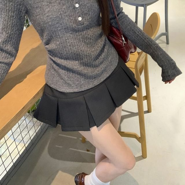 Shinsei-Low Waist Plain Mini Pleated Skirt
