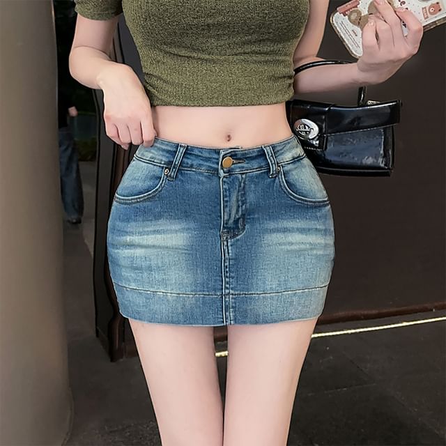 Shinsei-Mid Rise Denim Mini Pencil Skort