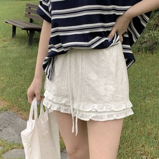 Shinsei-Mid Rise Frill Trim Lace Shorts