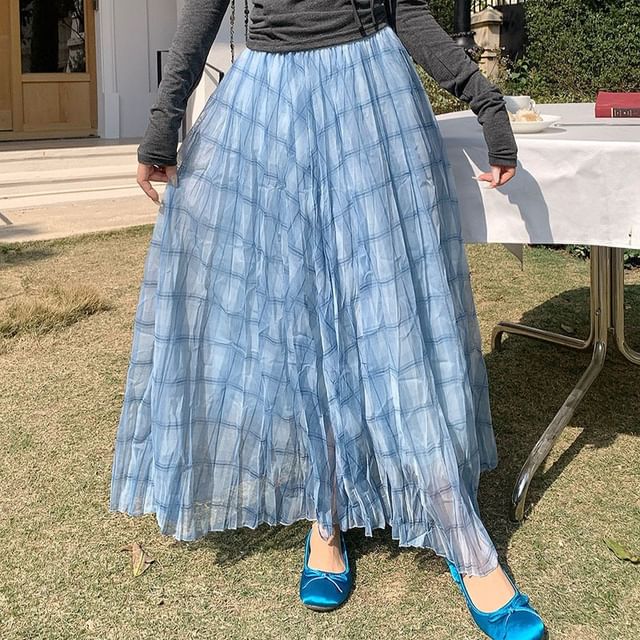 Shinsei-Mid Rise Plaid Maxi A-Line Skirt