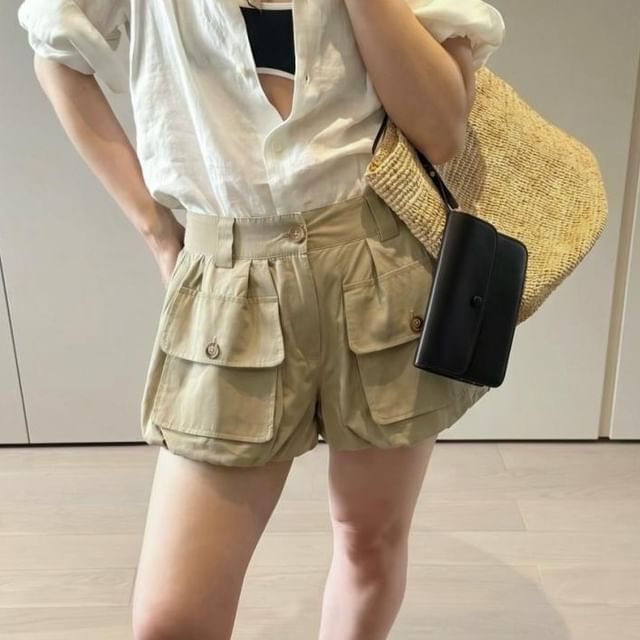 Shinsei-Mid Waist Plain Cargo Shorts