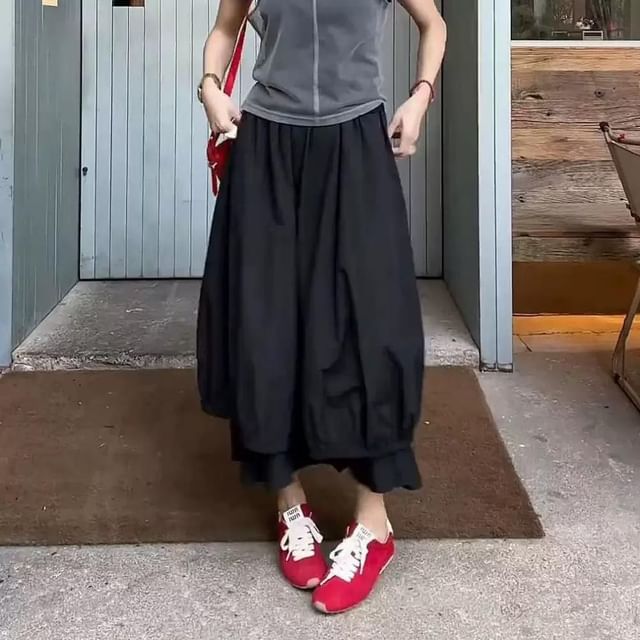 Shinsei-Mid Waist Plain Layered Midi A-Line Skirt